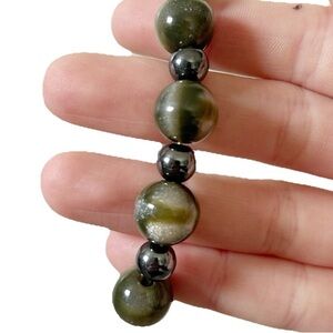 Dark Green Grey and Silver Sparkly Beaded Bracelet Chunky Round Shiny Stone Gem